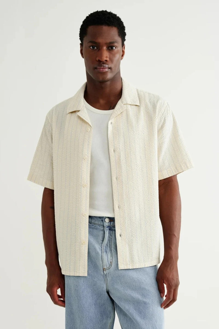 Wax London Ecru/Blue Seersucker Textured Striped Shirt/56813